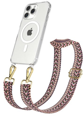 EAZY CASE Handykette - Verstellbares Taschenband kompatibel mit iPhone 15 Pro Max, Schulterriemen, Handykordel mit Silikon Hülle, Qi Charging kompatibel, Umhängetasche, Beere Pink Gold