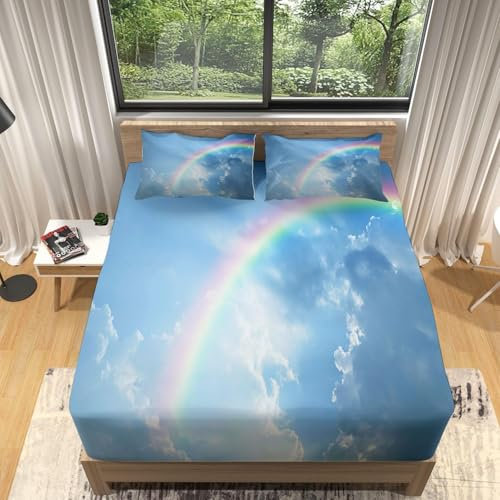 3D Spannbettlaken 90x200 Regenbogen Bettlaken Weiches Atmungsaktiv Spannbetttücher Regenbogen Mikrofaser Spannbetttuch Tiefe Tasche 30 cm Mit 2 Kissenbezügen 80x80 cm G7003