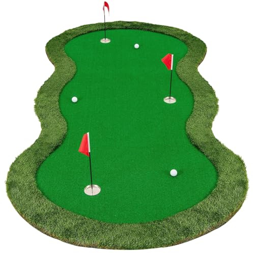 COSTWAY Alfombra de Putting de Golf, 300 X 150 CM, 3 Hoyos, 3 Banderas y Tazas, Tapete de Golf, Putting Mat Interiores Exteriores