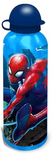 Spiderman Canteen Water Bottle, Sky Blue Aluminum Camping Bottle for Kids, 500ml Narrow Mouth Reusable Drinks Bottle, Leak Proof, BPA Free, Freezer Safe