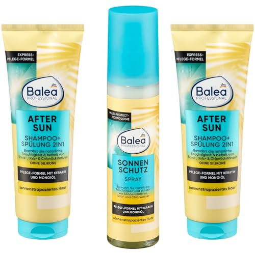 Professional After Sun Set, 2x Shampoo Spülung 2in1 mit Keratin, 1x Sonnenschutz Spray, Ohne Silikone schützt vor dem Austrocknen sowie dem Ausbleichen durch Salz- und Chlorwasser. 3er Pack