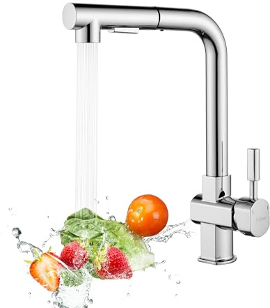 Süßren Wasserhahn Küche, Hochdruck Küchenarmatur Ausziehbar, Spültischarmatur mit Brause Zwei Wasserstrahlarten, Armatur Küche 360° Schwenkbar, Edelstahl Mischbatterie Küche Chrom