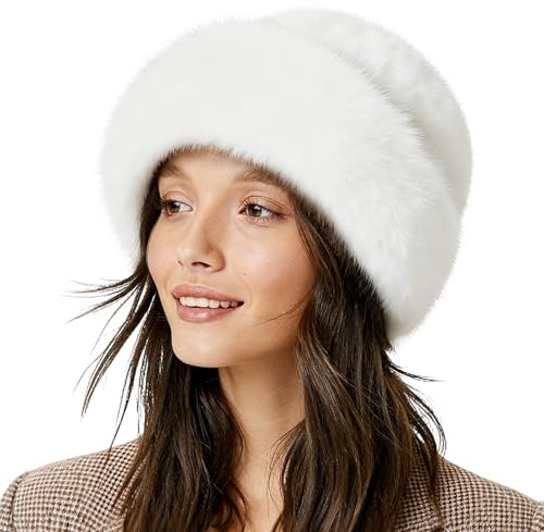 Mütze Damen Kunstfell, Kunstpelz Hut Winter, Kunstpelz Mütze Damen, Warme Hut Frauen, mit Plüsch, Erwachsene, Wärme Bekleidungszubehör, für Winterpartys, Dates, Skifahren(Weiß)