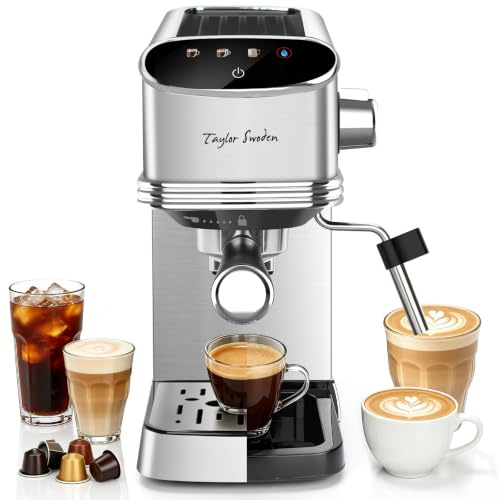 Taylor Swoden Cafetera Espresso 20 Bares, 1450w para Café y Cápsulas, Inox | Función Memoria, LED Touch Pantalla, Agua Caliente, Autolimpieza y Diseño Compacto, Depósito de 1.3 L, Cafetera Capsulas