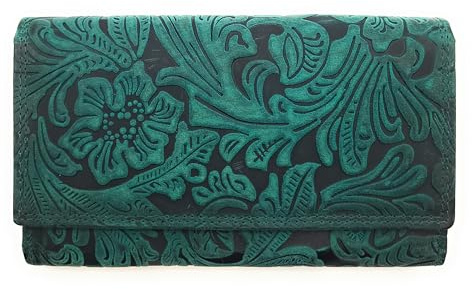 Lemasi Damen Geldbörse Leder mit RFID Schutz - Portemonnaie aus Hunter Büffelleder - Große Brieftasche mit Blumen Prägung - 8 Kartenfächer 3 Scheinfächer Münzfach - Geldbeutel Frauen Echt Leder