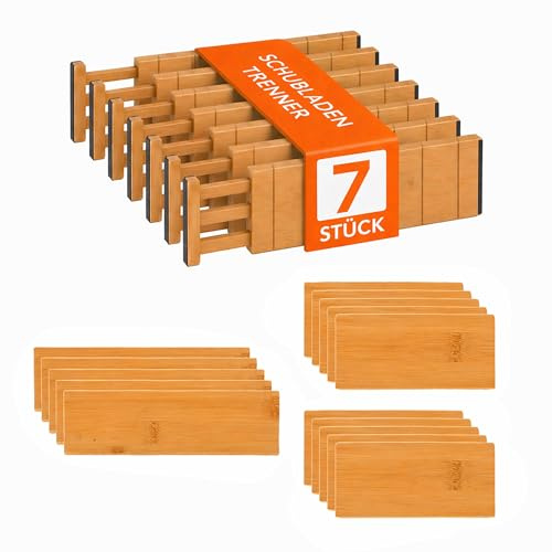 Relaxdays Schubladentrenner, 22-tlg. Set, verstellbar, 43,5-56,5 cm, natur | Schubladenorganizer mit Trennwänden, Bambus