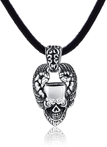 DonDon Herren Lederkette Leder Halskette 50 cm mit Edelstahl Anhänger Drache Thor Hammer Zahn Totenkopf Löwe und vielen weiteren