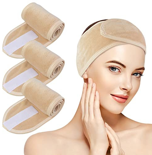 KinHwa Haarband Kosmetik Stirnband Frottee 3 Stück Haarband schminken Verstellbare Haarschutzband mit Klettverschluss Mikrofaser Haarbänder kosmetik für Make Up, Sport, Yoga, Spa, Gesicht, Cream