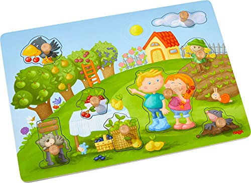 HABA 304430 - Greifpuzzle Obstgarten, 8-teiliges Holzpuzzle mit Naturmotiven und großen, griffigen Holzknöpfen, Holzspielzeug ab 12 Monaten