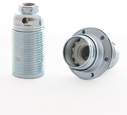 Fassung für Lampe E14, Metall Lampenfassung mit Außengewinde und Schraubringen, verzinkt mit Zugentlastung in Nickel-Finish. 2 Stück