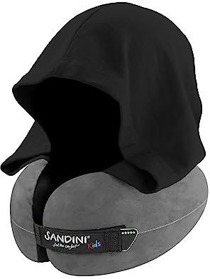 SANDINI TravelFix Hoodie Junior – Kinder Premium Reisekissen/Nackenkissen - ergonomische Stützfunktion - integrierte Kapuze aus Baumwolle – Gratis Transporttasche mit Befestigungs-Clip