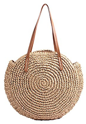 VOANZO The New Literary Style Round Large Capacity One-Shoulder Straw Woven Bag, Hand Woven Beach Female Bag (Brown), braun, Einheitsgröße, Umhängetaschen