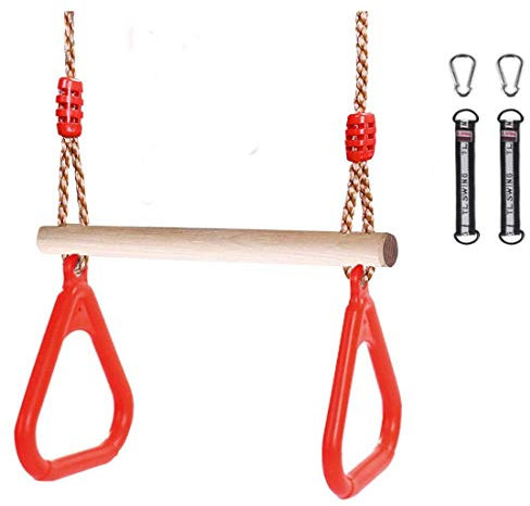 Trapeze bar,Morwealth Multifunctional Children's Wooden Trapeze Swing with Plastic Rings Gymnastics Rings for Hanging Up to 120 kg for Indoor and Outdoor Use (Red)