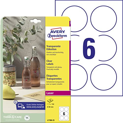 AVERY Zweckform L7788-25 transparente runde Etiketten (150 Klebepunkte, Ø80 mm auf A4, runde Aufkleber zum Bedrucken, selbstklebend, wetterfest, Beschriftungen/Produktaufkleber) 25 Blatt, durchsichtig