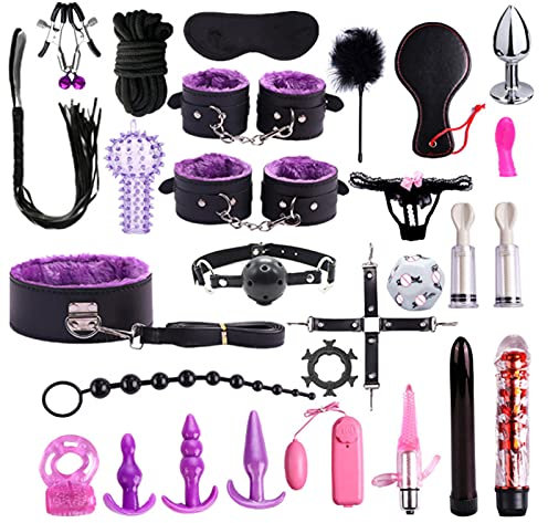 SM Bondage Set mit 26 Stück,Bettbündelset Fesselset mit Handschellen Fußfesseln Augenmaske Anal Plug Penisring Nippelsauger Nippelklemmen Würfel Analdusche und Vaginaldusche Für Einsteiger und Erfahr