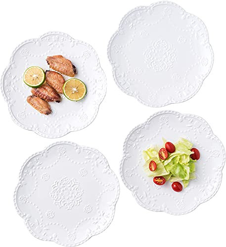 Eplze YBK Tech Elegant Round Embossed Lace Plates, Porcelain Dessert Plates for Breakfast Afternoon Tea, Set of 4 (10 Inch)