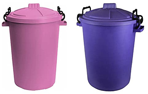 JMS we create smile Set of 2-50 Litre Pink and Purple 50 ltr Bin Heavy Duty Dustbin Plastic Storage Refuse Waste Bin Locking Lid Recycled Plastic Compose Bin Rubbish Waste Animal Feed