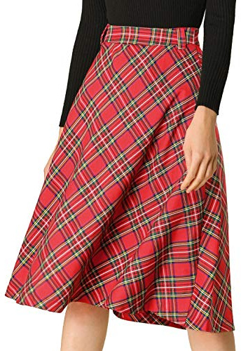 Allegra K Women's Christmas Tartan Plaid High Waist Belted Vintage A-Line Midi Skirt, Red, XXL