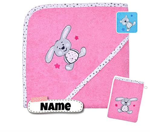 Stickling Baby Kapuzenhandtuch Set mit Waschlappen | Baby Handtuch 80 x 80 cm Kapuzenbadetuch | personalisiert mit Name | Baby Badetuch Bestickt | Baby Erstausstattung | Mädchen (Hase Bubblegum)