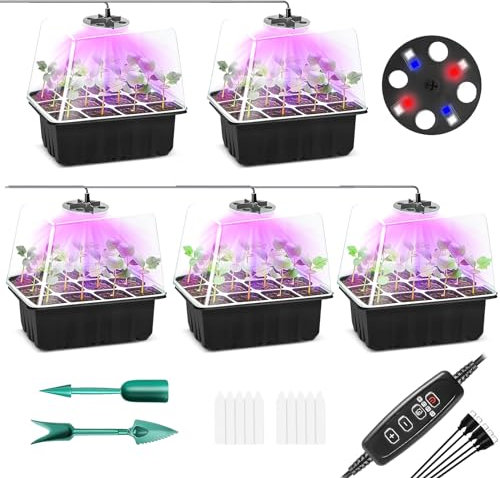 5 Pack Seed Starter Trays with Grow Light with Timing Controller Adjustable Brightness,Thicken Seedling Starter Trays with Humidity Domes Heightened Lids (Black)