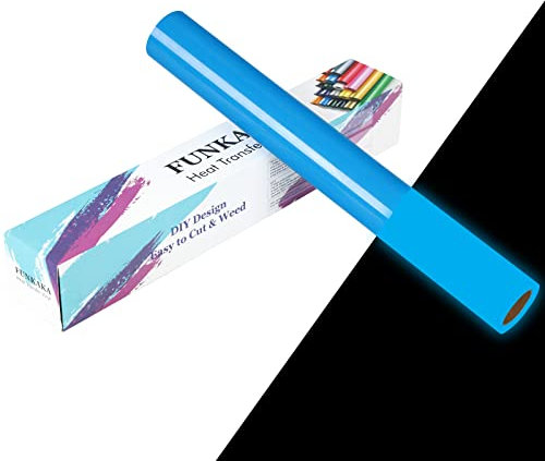 FUNKAKA Glow in The Dark Heat Transfer Vinyl Roll, 12 x 10ft Luminous Sapphire Blue Iron on Vinyl for All Cutter Machine, Glow in The Dark HTV Vinyl for T-Shirts Easy to Cut & Weed for Heat Vinyl DIY