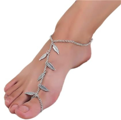 TseenYi Sandali A Piedi Nudi Cavigliere Bracciale Boho Foglia Argento Sandali A Piedi Nudi Cavigliere Punta Spiaggia Nappe Moda Catena Punta Gioielli per Donne e Ragazze (1 Pz)