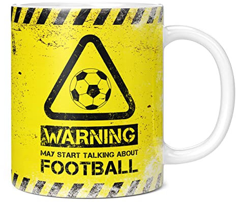 Mug Monster - Warning May Start Talking About Football Funny Gift Mug - Ceramic Coffee Cup, Gift for Men or Women, Extra Large and Giant Available, 20oz White