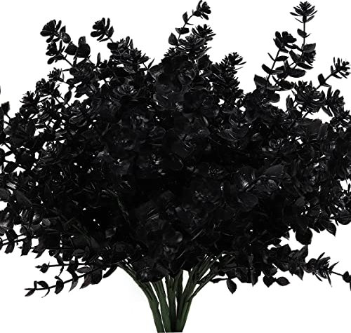 RECUTMS Black Artificial Flowers, Fake Outdoor UV Resistant Plants Faux Plastic Greenery Shrubs Indoor Outside Hanging Planter Home Kitchen Office Wedding, Garden Decor (Black)