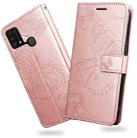 DENDICO Hülle für Galaxy M31, PU Leder Magnetverschluss Flip Handyhülle Schutzhülle mit Standfunktion und Kartenfach für Samsung Galaxy M31, Roségold