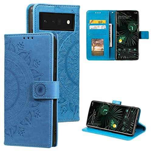 CoverKingz Handy Cover kompatibel mit Google Pixel 7 Pro - Handyschutz mit Kartenfach Klapphülle - Bookcase Hülle aufklappbar Motiv Mandala Blau