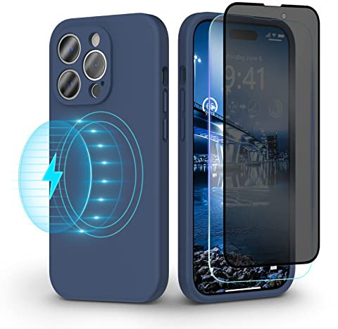 pcgaga Designed for iPhone 14 Pro Max Case and Screen Protector (1 Privacy & 1 Clear), Silicone with MagSafe, Full Camera Protection with Microfiber Lining, 6.7 inch, Storm Blue