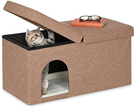Relaxdays Katzenhöhle faltbar, belastbare Sitzbank, Katzenmöbel Indoor, Tierversteck, HBT 38,5 x 74,5 x 37 cm, Hellbraun