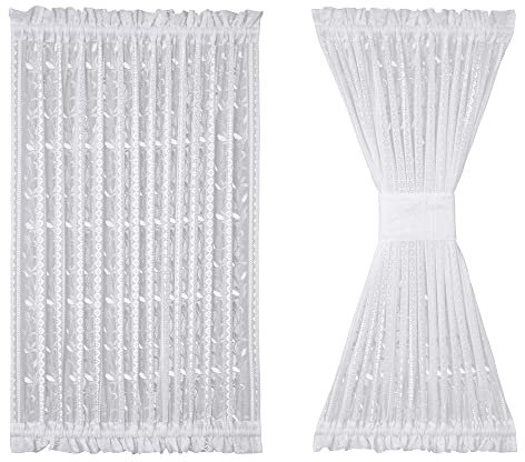 RLoncomix 1 Piece Lace French Door Curtain Rod Pocket White Boho Leaves Voile Curtains 40 Inch Long Light Filtering Short Floral Curtain Panel for Glass Door Patio Front Door Tieback Included