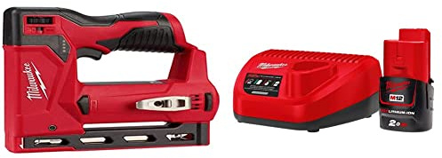 Milwaukee M12BST-0 12v Cordless Compact Stapler Body Only, Red & M12 NRG-201 Energy Pack 12V 1 x 2.0Ah Li-ion