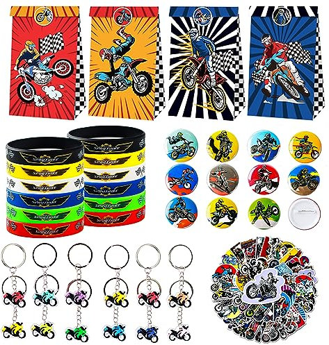 98PCS Motorrad Party Mitgebsel, Dirt Bike Party Zubehör, Dirt Bike Geburtstagsparty-Zubehör, Motorrad Geburtstag Mitgebsel Inklusive Geschenktüten Armbänder Abzeichen Schlüsselanhänger Aufkleber
