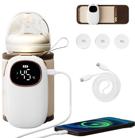 HOUSINN Scaldabiberon Portatile, 5000mAh Scaldabiberon Elettrico da Viaggio, 6 Livelli Temperatura Regolabile, Borse Termiche per Biberon, Doppio Cavo di Type-C, Funzione Power Bank e Luce Notturna