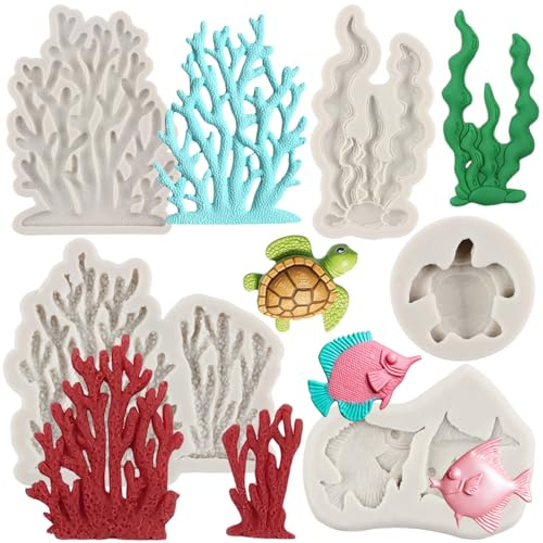 MYPRACS Lot De 5 Moules En Silicone Pour Fondant Thème Marin Algues Poissons De Mer Corail Tortues De Mer Pour Décoration De Gâteaux Cupcakes Bonbons Chocolat Pâte À Gomme Argile Polymère