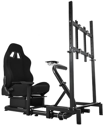 Anman Adjustable Racing Simulator Cockpit(50MM Round Tube) with Black Seat Fit for Logitech G25 G27 G29 G920 Thrustmaster T300 Fanatec Gaming Mount(With Monitor Stand) Without Wheel Handbrake Pedals