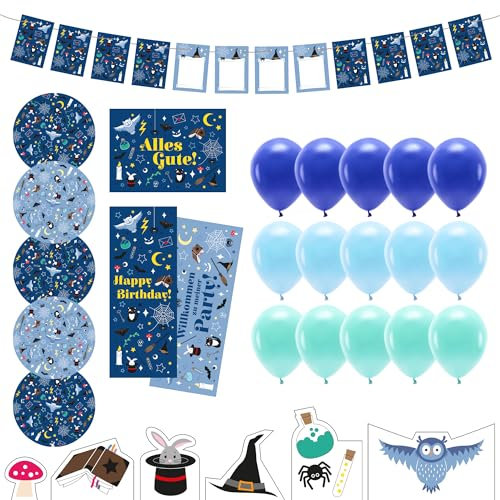 Zaubereulen Kindergeburtstag Deko Box - Geburtstagsdeko Set für Jungen & Mädchen - Geburtstag Dekoration für Kinder Partys - Tischdeko mit Snackuntersetzern, Poster, Girlande uvm. - Party birthday