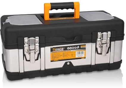 HOTECHE Cassetta degli attrezzi vuota | Cassetta degli attrezzi in acciaio inox con coperture trasparenti in PP | Dimensioni: 41 x 21,5 x 18,5 cm | Nero PP e acciaio inossidabile naturale | Cassetta