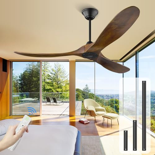 Modern Wood Ceiling Fan with Remote, 52 inch Outdoor Ceiling Fans for Patio, 3 Propeller Blades Ceiling Fan, Noiseless 1/2/4/8 Timing, DC Motor for Winter/Summer,Indoor/Outdoor