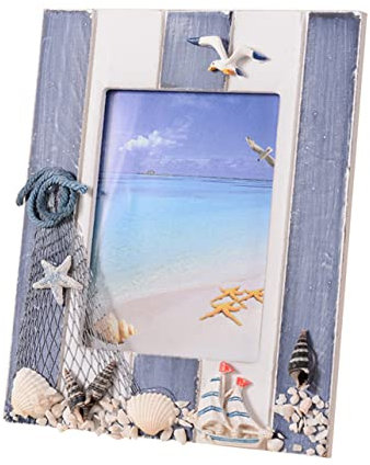 DECHOUS Desktop Mediterrane Fotoraum Holz Strand-Themen-Bilderrahmen Kreativer Fotohalter Mit Nautischen Segelboot-Muschelelementen Deko Für Zuhause Café-Shop