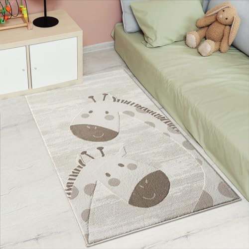 carpet city Kinderteppich Creme, Beige - 80x150 cm - Tier-Muster Giraffen - Kurzflor Teppiche Kinderzimmer, Spielzimmer
