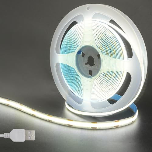 Clearhill 5V USB COB LED Strip Lights,6.56FT/2M,Cool White 6500K,320LEDs/M,8mm Width,Not Waterproof IP20,1M USB Cable,Flexible LED Tape Light for DIY Home Indoor Decoration