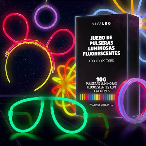 Vivaloo pulseras luminosas fluorescentes set de 100 + accesorios fiesta neon - palos luminosos para fiestas + conectores para pulseras fluorescentes, gafas, bolas etc. - fiesta cumpleaños fluorescente