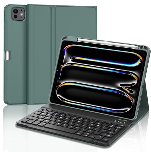 Keyboard Case for iPad Pro 11'' (M4) 2024, UK Layout Wireless Detachable Bluetooth Keyboard with Protective Cover and Pencil Holder for iPad Pro 11 inch (5th Generation) 2024 Tablet, Dark Green