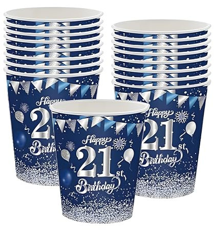16 PCS Gobelets en Papier Jetables pour 21 ans Anniversaire, Bleu et Argent Gobelets Carton Jetables Joyeux Anniversaire 21 Ans Decoration, Kit Vaisselle Jetable Anniversaire pour Eau Chaude Froide