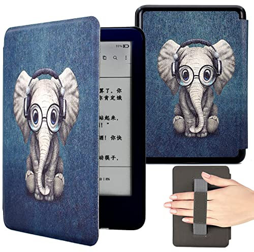 KEROM Étui pour Kindle Paperwhite 6,8 (11e Génération, 2021) et Kindle Paperwhite Signature Edition, Coque Étui de Protection en Cuir avec Dragonne et Fonction de Veille/Réveil Automatique, Éléphant