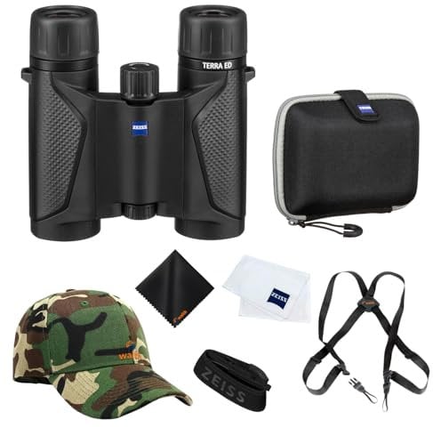Zeiss 10x25 Terra ED Compact Binocular For Bird Watching (Black) with Waith Binocular Comfort Carrying Harness Strap, Adjustable Camo Baseball Hat and Waith Microfiber Lens Cleaning Cloth (Bundle Set)