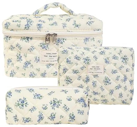 3 Stück Reise Kosmetiktasche Set Damen, Gesteppte Kosmetiktasche mit Blumenmuster, Kulturbeutel Set Groß Kosmetiktasche Aesthetic Make up Bag Beauty Bag für Mädchen